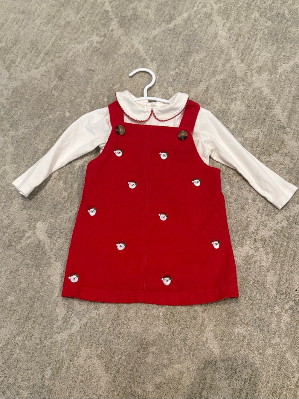 Red Girls' Jumper Dress with White Long-Sleeve Top and Santa accents